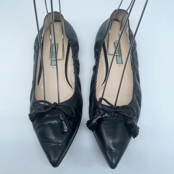 Prada Black Leather Cap toe logo embellish bow tie stretch ballerina flats EU 38 - Picture 2 of 13